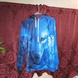 Blue Wolf Print Hoodie